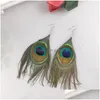 Dangle żyrandelier biżuteria mody retro kolczyki dla kobiet Tassels Peacock Feather Drops Dhogm