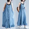 Casual klänningar stor storlek sommar jeans övergripande klänning kvinnors retro ruffle lösa denim enkelbröst rem ärmlös väst H777