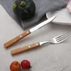 Учебная посуда набор японской деревянной ручки -вилка и ложка 304 Стейк -фрукты из нержавеющей стали.
