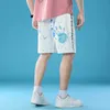 Herr shorts män palmtryck denim kort sommar digital målade jeans lösa knä längd byxor vit svart g230131