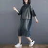 Kvinnors dike rockar retro asymmetriska sidor ficka denim midi klänning ytterkläder rock kvinnor rocksjacks höstkläder