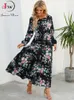 Casual Dresses Women Elegant Floral Printed Long Dresses Spring Summer Casual O Neck Long Sleeve Ladies Chic High Waist A Line Beach Dresses 230131