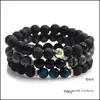 Beaded Strands 3Pcs/Set Fashion 8Mm Black Lava Bead Elastic Bracelets Natural Tiger Eyes Glass Bracelet For Men Women Jewelry Gift Otqgs