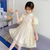 Girl's Dresses 2021 New Girls Vintage Style Design Summer Children's clothing silk cloth Solid princess dress Kid vestido Robes de filles 0131