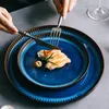 Assiettes KINGLANG Creative Nordic Ceramic Plate Blue Stripe Flat Household Western Pasta Steak