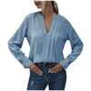 Kvinnors blusar skjortor 3/4 ärm tees för kvinnors tröjor med knapp mode v-hals avslappnad fast färg långärmare lösa tröjor mörka