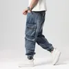 Mäns jeans män last skateboard dragkedja byxor multi fickor lösa casual denim byxor för manlig plus storlek M-6xl