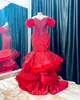 2023 Arabisch Aso Ebi Meerjungfrau Rote Ballkleider Spitze Perlen Feder Abend Formale Party Zweiter Empfang Geburtstag Verlobungskleider Kleid ZJ202