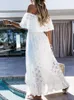 Casual Dresses White Boho Dress Women Summer Off Shoulder Hollow Out Jacquard Lace Chic Maxi Ladies Party Beach Evening Vestidos