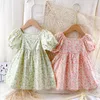 Fille robes enfants bébé filles été à manches courtes fleur arc genou-longueur robe enfant en bas âge enfants décontracté coton vêtements 18M-6Y