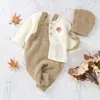 Kläder sätter baby romper set stickad höst född tjej pojke långärmad kappa jumpsuit outfit hatt 3pc mode fasta spädbarnskläder kostym tröja 230201