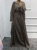 Etnik kıyafet 3 adet eşleşen set kadınlar Müslüman Linene Dubai Arap Mütevazı Kıyafet Kimono Açık abaya maxi elbise sargısı kravat etek Ramazan Eid Partisi 230131