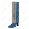 Heelslover Europäische Damen-Winter-Kniestiefel mit Strasssteinen, klobige Absätze, spitze Zehen, hübsche blaue Partyschuhe, Damen, US-Größe 5–13