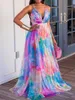 Casual Dresses Jastie Tie Dye Oversize Party Maxi Dress Women Mesh Deep V Neck High Waist Loose Hem Slip Sexy Backless Evening