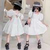 Girl's Summer Girls Formal Princess White Ball Gown es Cute Puff Sleeve Back Cross-straps Evening Dress Casual Wedding Party