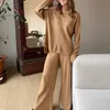 Femmes Survêtements Lâche Tricoté Solide Split Pull Pull 2 Pièces Ensemble Femmes Casual Col Haut Jambes Larges Pantalon Costume Automne Mode Tenues 230131