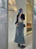 Jupes Y2K Rétro Bleu Denim Pour Femmes 2023 Mode Haute Taille À Volants Wrap Hanche Jupe En Queue De Poisson Ouvert Design Rue