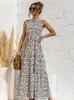 Casual jurken 2023 vrouwen maxi jurk sexy bloemen afdrukken uit schouder halter nek band zomer ruches veter strand boho sundress