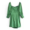 Casual Dresses Woman Elegant Green Square Collar Mini Dress 2023 Autumn Fashion Female Pleated Long Sleeve Ladies Solid