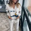 Women's Knits Tees Autumn White Cotton Knitted Cardigan Sweater Women Coat Print V-neck Pockets Female Jumpers Casaul Buttons Women Tops 230201