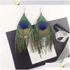 Dangle żyrandelier biżuteria mody retro kolczyki dla kobiet Tassels Peacock Feather Drops Dhogm