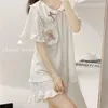 Women's Sleepwear QWEEK Japanese Style Lace Doll Collar Pocket Bear Embroidery Ruffle Kawaii Pyjamas Pajamas For Women Two Piece Set Summer