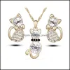 귀걸이 목걸이 패션 고양이 Crystal Jewelry Set 고품질 귀 세트 6 색 최소 주문 1832 T2 드롭 배달 DH9GQ