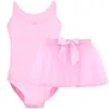 Stage Draag Aankomst zomer meisjes kinderen kinderen roze ballet dancewear mesh splice mouwloze dans tuard tule tutu rok set