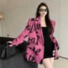 Damskie garnitury Blazers Kobiety Słodki druk luźne jesienne swobodne styl koreańskiego moda podwójnie piersi różowy marynarka marynarska