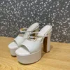 Sandali firmati Moda Pelle verniciata color caramello Scarpe da donna fibbia classica 14,5 cm tacco alto pantofole quadrate sandalo con tacco piattaforma 35-42 con scatola