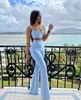 Women's Two Piece Pants High quality Blue Two Pieces Set Bodycon Rayon Bandage Set Evening Party Sexy Fashion Outfit 230131