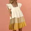 Vestidos casuais feminino colar quadrado mini vestido 2023 verão sólida manga de borboleta bolsos doces cintura alta solta babada