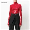 Women's T Shirts Women Vintage Latex Leather High Neck Tops Black Highstreet Turtleneck Warm Pullover Long Sleeve Red PU Zipper Shirt Custom