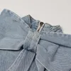 Camicia di jeans a maniche lunghe da donna con fiocco grande sul retro e zip, camicetta di jeans casual top primavera autunno