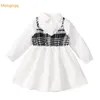 Fille Robes Infantile Princesse Printemps À Manches Longues Solide Au Genou Revers Robe À Carreaux Gilet Enfants Bébé Filles Vêtements Ensemble 2pcs 3-24M