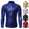 Camisas de vestido masculinas 2023 Men's Autumn Tamanho Europeu Camisa Cool de lantejoulas Bronzing Dança do Studio