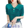 Women's Sweaters Striped Ice Knit Woman 2023 Summer Thin Style Age-reducing Baby Collar Short Sleeve T-shirt Top Casual Versatile 9 ColorsWo