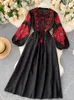 Casual Dresses Women Autumn Dresses Bohemian Embroidered Flower O-Neck Lantern Sleeve High Waist Pleated Dress All-match Female Vestidos PL393 230131