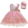 Girl Dresses Born Baby Clothes Big Bow Sleeveless Lace Princess For First Birthday Party Ball Gown Headwear Kids 0-2 Year