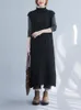 Casual Dresses Korea Style Open Split Black Knitted Sweater Dress Sleeveless Office Lady Outwear Work Slim Women Midi Autumn