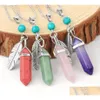 Pendant Necklaces Natural Stone Tower With Feather Plated Charm Healing Column Gemstone Pendants For Women Sweater Necklace Statemen Dho5Q