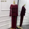 Etniska kläder Dubai Arab Turkiye Muslim Fashion Solid Color Pleated Ruffle Top Wide Leg Pants Two Islamic African Modest
