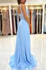 2023 Azul Prom Vestidos Illusion Top Lace Applique Spaghetti Straps Side Slit Chiffon Ruffles Custom Made Vestido de Noite Formal Ocn Wear Vestidos Plus Size 401 401