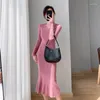 Casual Dresses Women Sticked Elegant Solid Color Long Dress Autumn Winter Mante Cotton Sleeve BodyCon Maxi T140