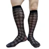 Chaussettes pour hommes Ultra minces Sheer High Tube Costume habillé à carreaux pour hommes Voir à travers des bas sexy pour chaussures en cuir Chaussettes de mode d'affaires pour hommes