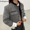 女性用ジャケットのジャケット女性用メタルボタン格子縞のコートビンテージクロップトップショートアウトウェアミュージャー厚いツイード韓国シック気質コート230202
