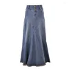 Skirts Jean 2023 Fashion Vintage Autumn Midi Denim Skirt Women High Waist Button Pockets Split Asymmetric Straight Jupe Mujer