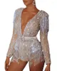 Robes Décontractées Zoctuo Robe De Soirée À Manches Longues Combinaisons Combinaison Sequin Clubwear Gland V Profond Combinaisons Courtes Salopette De Discothèque