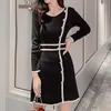 Casual Kleider Dame Vintage Slim Wrap Hüfte Elegantes Kleid Oansatz Volle Hülse Asymmetrische Einreiher Gestrickte Mini Vestido