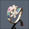 Band Rings Cute Rainbow Zircon Stone Ring Sier Yellow Gold Color Flower Love For Women Lady Romantic Promise Wedding Party Jewelry D Otayp